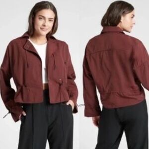 Athleta Acadia Jacket Burgundy/Cognac — Adjustable Waist & Sleeves, Hip-Length